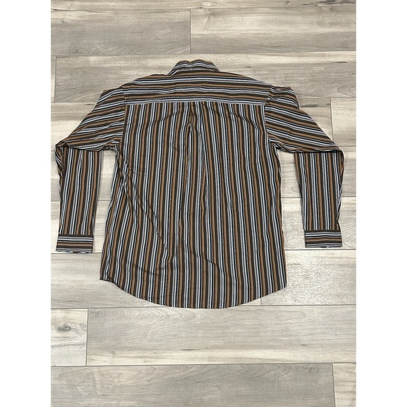 Cinch Men's Medium Long Sleeve Button Dress Shirt Brown Blue Stripe 100% Cotton - Picture 3 of 4